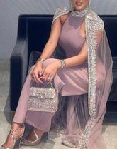 Luxurious Dusty Pink Prom Jumpsuits for Women with Cape-27dress